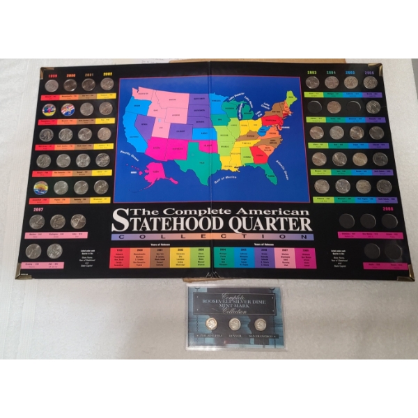 Complete Roosevelt Silver Dime Mint Mark Collection & American Statehood Quarter Collection Book