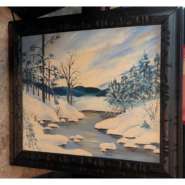 Snow Painting, And 2 Vintage Mirrors