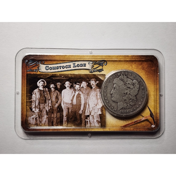 1884 United Stated Morgan 90% Silver Dollar From Comstock Lode with Information Display