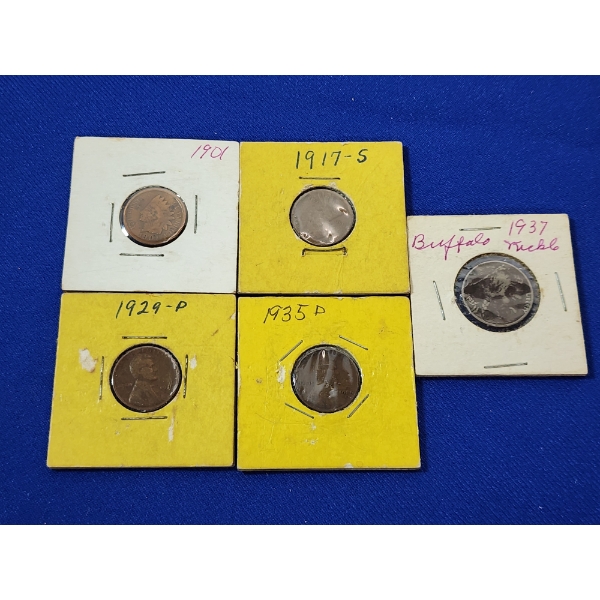 Assorted U.S. Coins: Buffalo Nickel, Lincoln Wheat Cents, Indian Head Cent