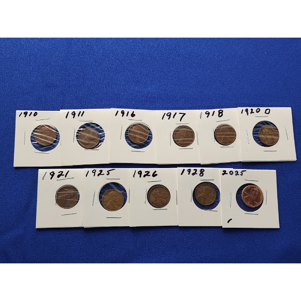 Assorted United States Lincoln Cents Including (1) 2025 Penny & (10) Assorted Years Wheat Pennies