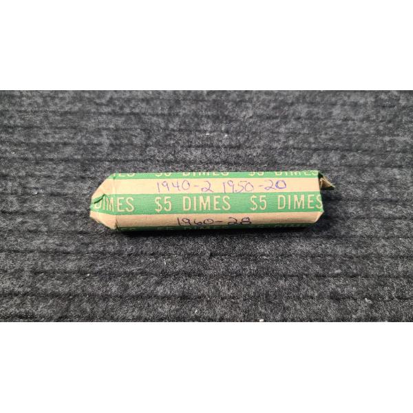 Unsearched 90% Silver $5 Bank Roll Of 1940-1960 Roosevelt Dimes