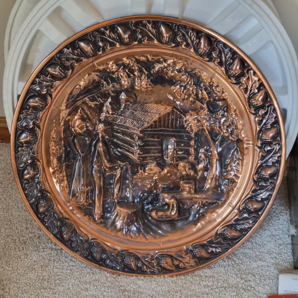 PICKUP IN CANTON -Large 20" Copper Embossed Log Cabin Scene Decorative Platter