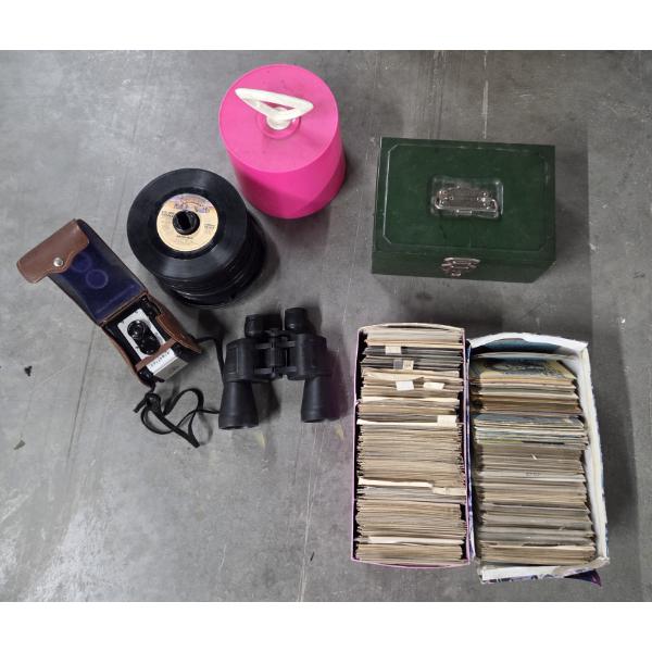 Vintage Items Including 45 Records & Storage Container, Camera, Binoculars, Postcards & More- No shi