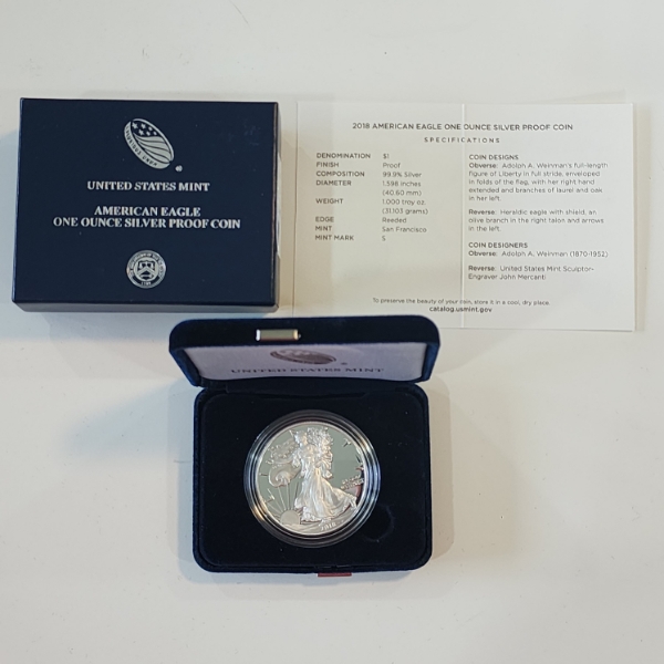 2018-S American Silver Eagle $1 Proof - 1 oz .999 Fine Silver - OGP Bos & COA