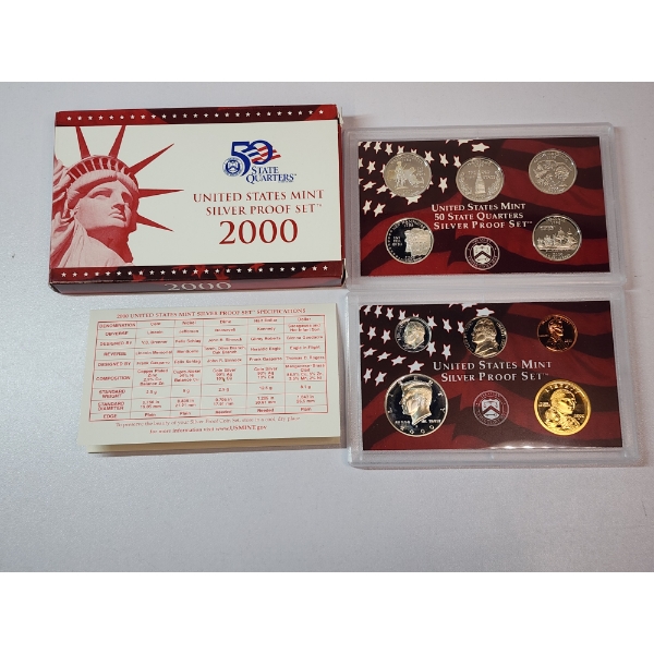 2000 United States Mint Silver Proof Set: 90% Silver Quarters, Half Dollar, & Dime
