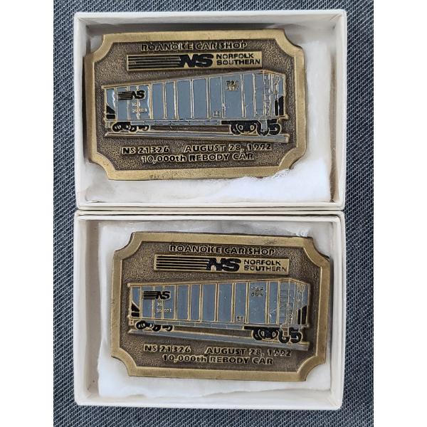 Two Norfolk Southern Roanoke Car Shop 1992 10,000th Rebody Car Belt Buckles