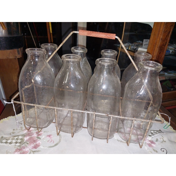 Vintage 8 Milk Bottles & Carry Rack - See Pics