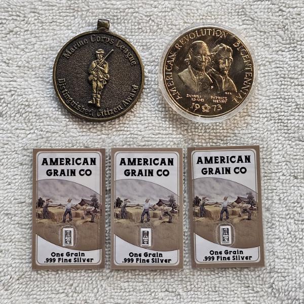 Lot of Two Military Medals and Three .999 Fine Silver Grains