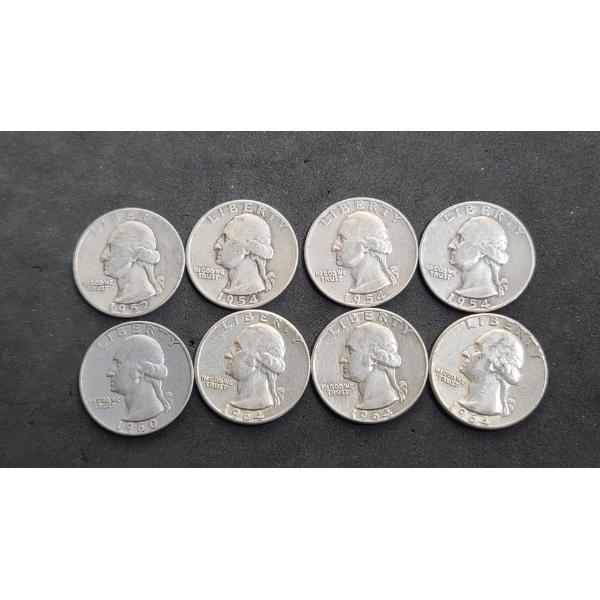 Assorted Years 90% Silver Washington Quarters - Some Are Pre '64 - Face Value: $2.00