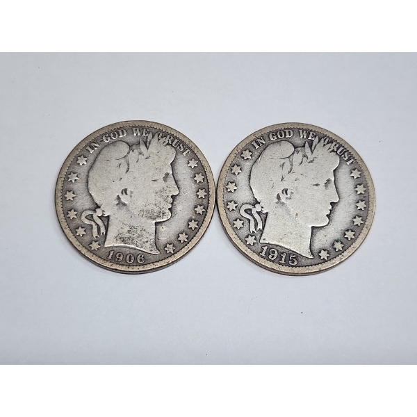 Two U.S. Barber Half Dollars: 1906-S & 1915-S - 90% Silver - FV: $1.00