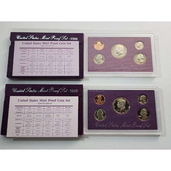 1989 and 1988 United States Mint Proof Sets In Original Packaging With CoA