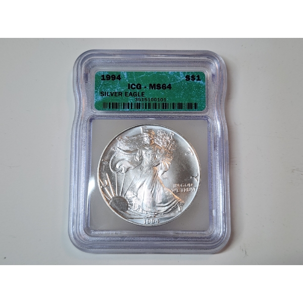 ICG Graded MS64 1994 American Silver Eagle - 1 oz .999 Fine Silver 