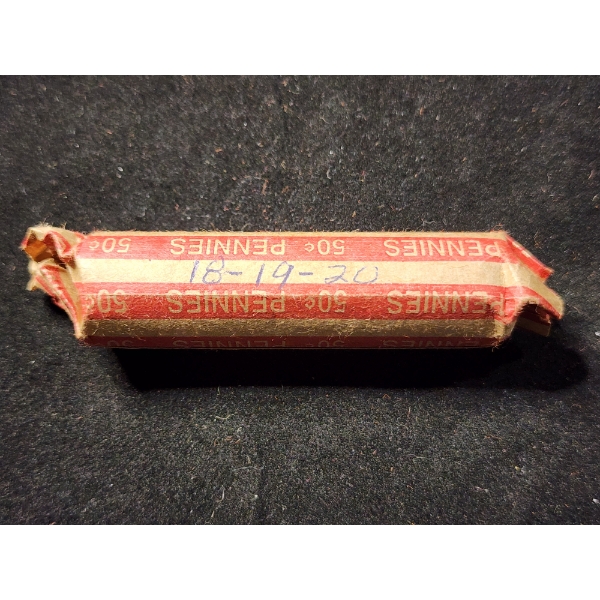 Uncounted & Unsearched Roll Of Wheat Pennies Labeled "18-20" 