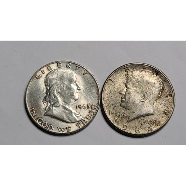 1963 Franklin 90% Silver Half Dollar & 1964 Kennedy 90% Silver Half Dollar - Face Value: $1.00