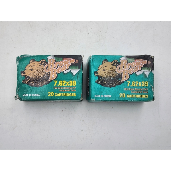 2 Full Boxes of Brown Bear 7.62x39 Rifle Ammunition -123 Grain HP & FMJ - Russian Made