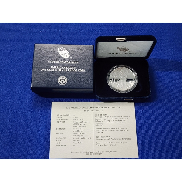 2016-W Silver American Eagle $1 Proof - 1 Troy Ounce 99.9% Silver w/ Original Box & COA