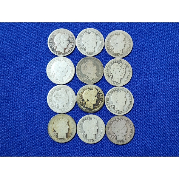 x12 Assorted Years 90% Silver Barber Dimes FV: $1.20