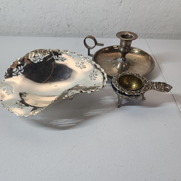 Lot of Silverplated Items:  Tray, Candle Holder, & Vintage German Tea Strainer TW: 485.6g