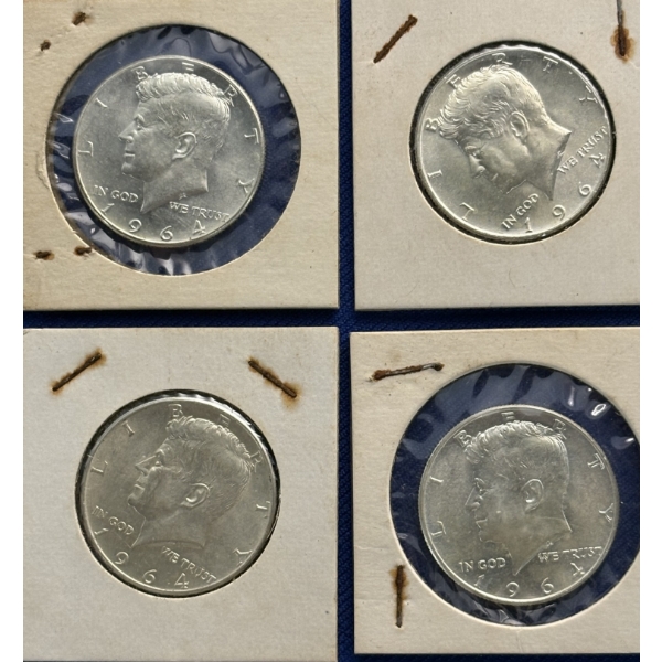 Lot of 4 90% Silver 1964 Kennedy Half-Dollars, FV $2.00