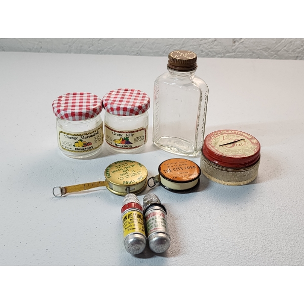 Lot of Assorted Small Collectibles: Jars, Advertising Tape Measures, Thimbles