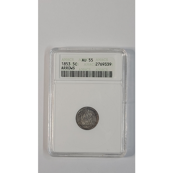 ANACS AU 55 1853 Seated Liberty 90% Silver Half Dime With Arrows In Vintage Soapbox Slab