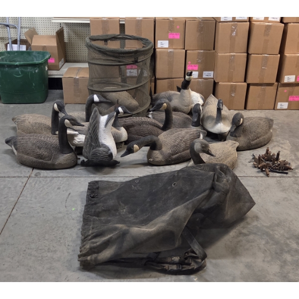 13 Floating Life Size Plastic Canada Goose Decoys, Weights & Storage Bags 