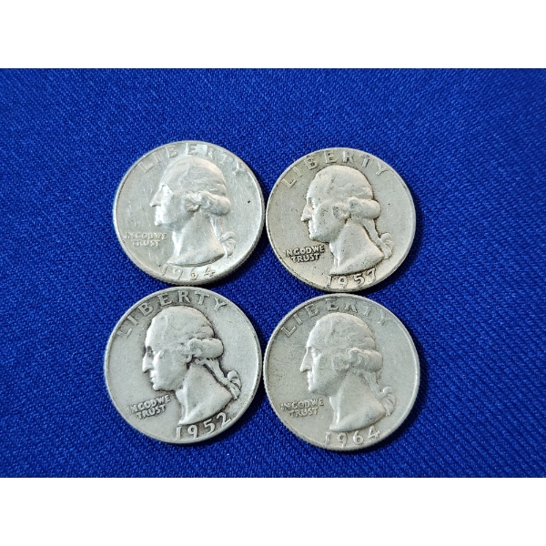 x4 Assorted Years U.S. 90% Silver Washington Quarters FV: $1.00