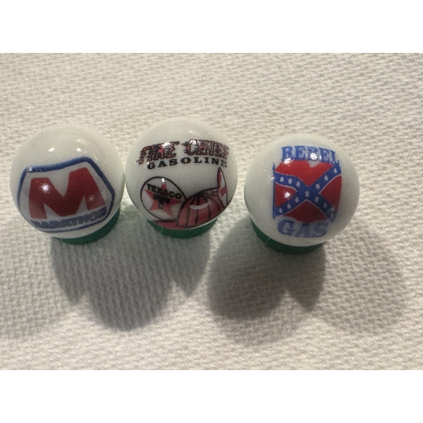 3- Vintage Gasoline & Oil One Inch Glass Shooter Marbles - Marathon, Texaco & Rebel