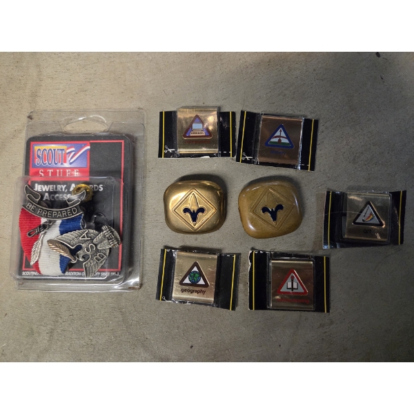 Scout Neckerchief Slides, Belt Slides, Pin, & Order Of Arrow Sash In Very Good Condition!