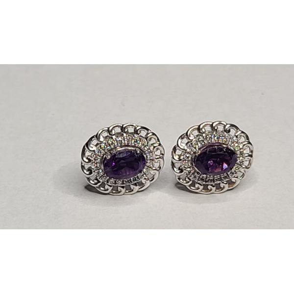 Pair Of Lovely 10K White Gold Earrings With Purple & White Stones - Weight: 2.4g
