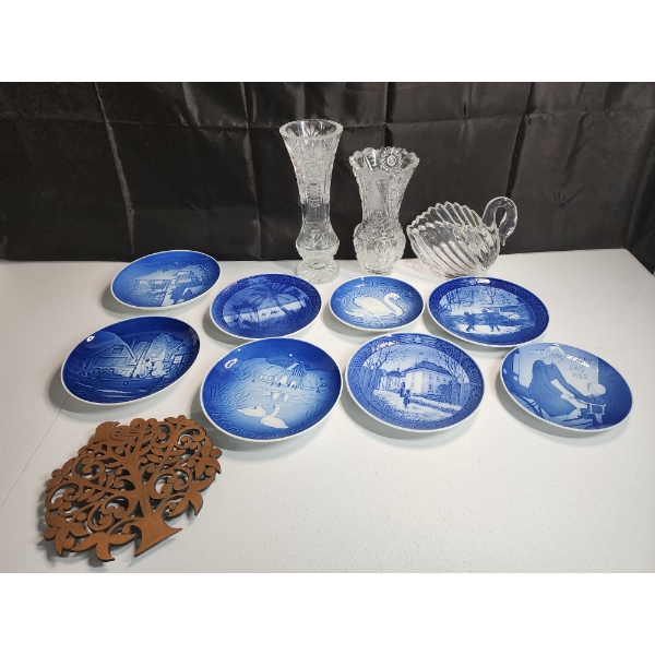 Royal Copenhagen / Bing & Grondahl Collector Plates, Crystal Vases, Crystal Swan Dish, Potholder 