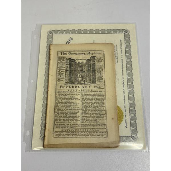 The Gentleman's Magazine for Febrauary 1749 with Certificate of Authencitiy - Newspaper book article
