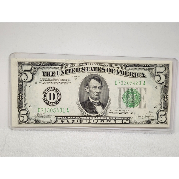 VERY NICE 1934 $5 Federal Reserve Note ~ Bank Of Cleveland Ohio
