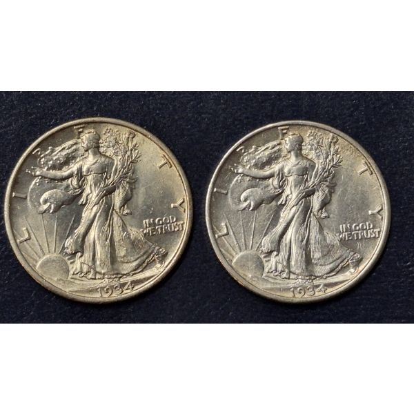2 Pcs - 1934 P & 1934 D Walking Liberty Halve Dollars BU Condition