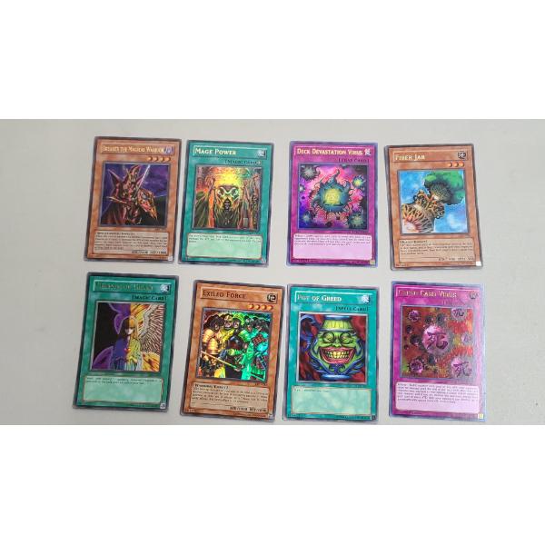 Lot of 8 Assorted Yu-Gi-Oh Trading Cards Including Crush Card Virus, Desk Devastation & Fiber Jar
