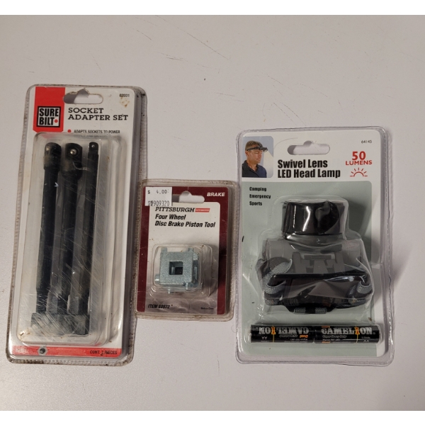 Swivel Lens LED Head Lamp, Socket Adapter Set And Four Wheel Disc Brake Piston Tool