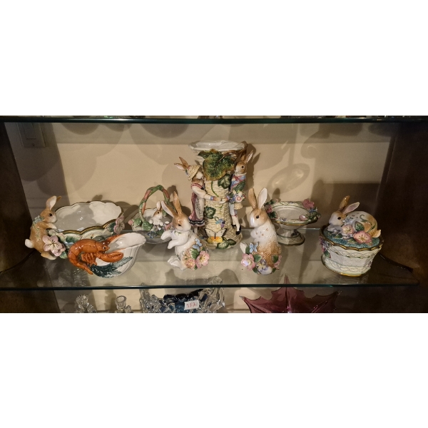 FITZ & FLOYD  8 Pcs Bunny Porcelain Figures As Shown Including a 12" Vase