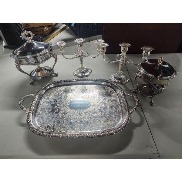 Metal Serving Items with Glass Dishes, Tray, and Candle Holders