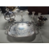 Image 1 : Metal Serving Items with Glass Dishes, Tray, and Candle Holders