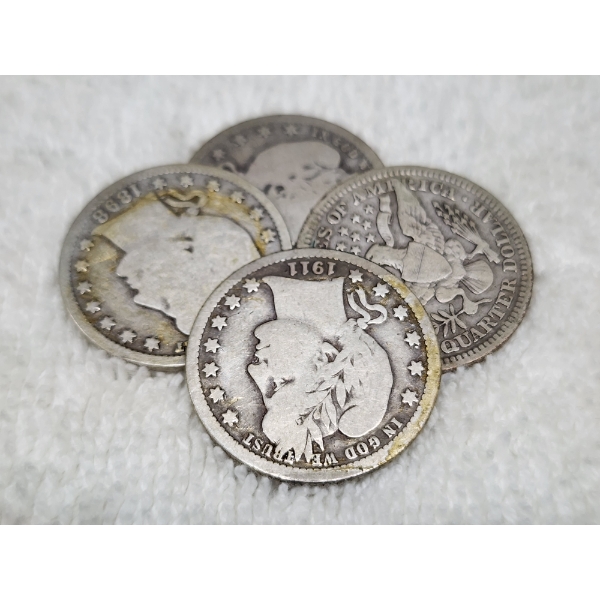 Four Assorted United States 90% Silver Barber Quarters ~ $1.00 Face Value!