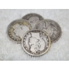Image 1 : Four Assorted United States 90% Silver Barber Quarters ~ $1.00 Face Value!