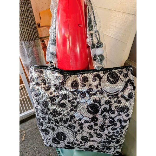 New Large Black Patent & Silver Sequin Tote Bag