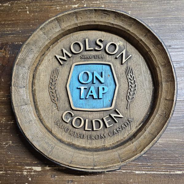 Vintage 15" Molson Golden On Tap Imported From Canada Barrel End Faux Wood Foam Bar Sign