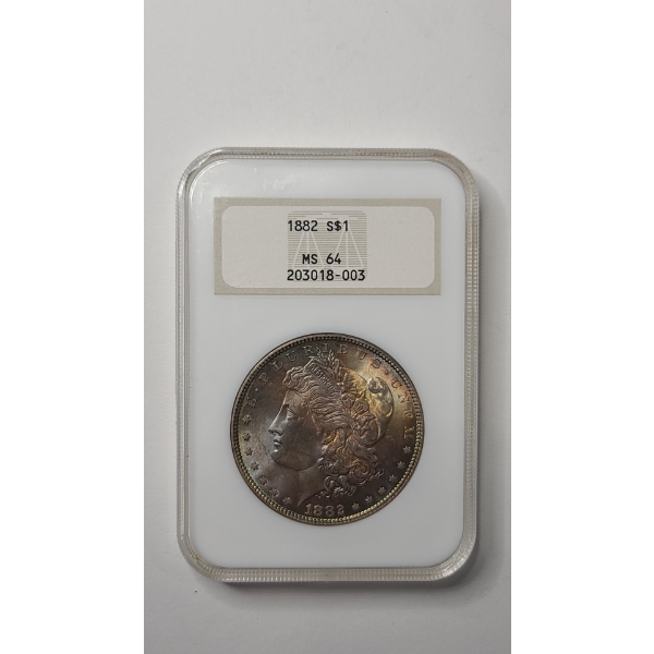 NGC 1882 MS 64 Morgan 90% Silver Dollar In Vintage Slab - Rainbow Toning