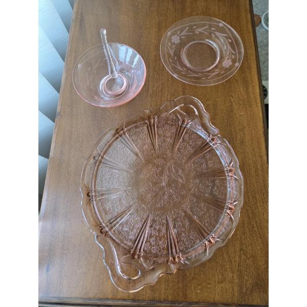PICKUP IN CANTON - Pink Flamingo Colored Depression Glass Platter, Plate, And Gravy Server  