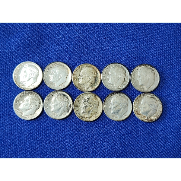 Lot of 10 Assorted Years Silver Roosevelt Dimes - 90% U.S. Silver - Face Value: $1.00