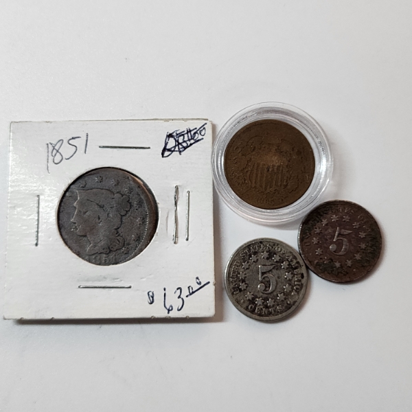 Lot of Older U.S. Coins: 1851 Braided Hair Large Cent, 1865 2 Cent, & (2) Sheild Nickels