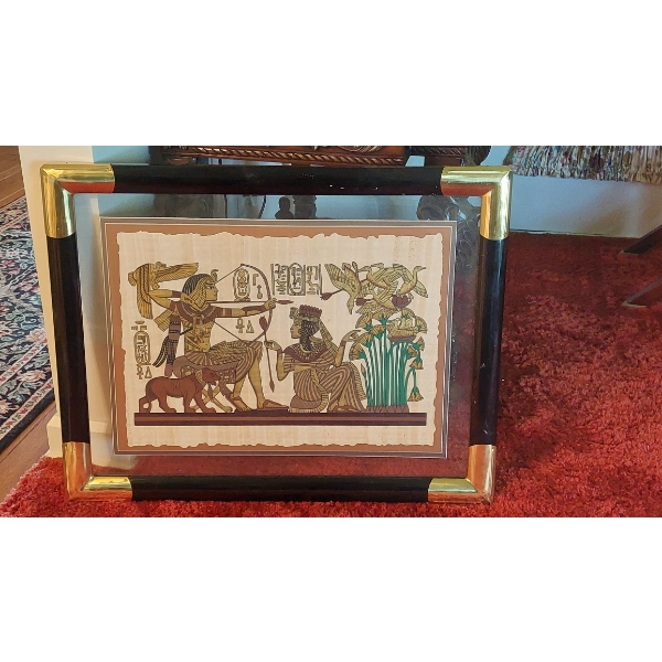 Egyptian Revival Framed King Tut Papyrus Art 31 x 25 Overall - Image 16 x 22 

