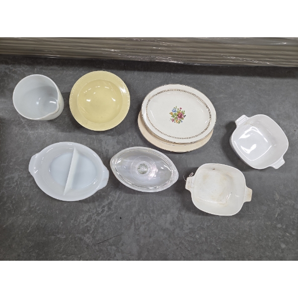 Pyrex Mixing Bowl, FireKing Divided Dish, Platters, Baking Dish In Wicker Server & More